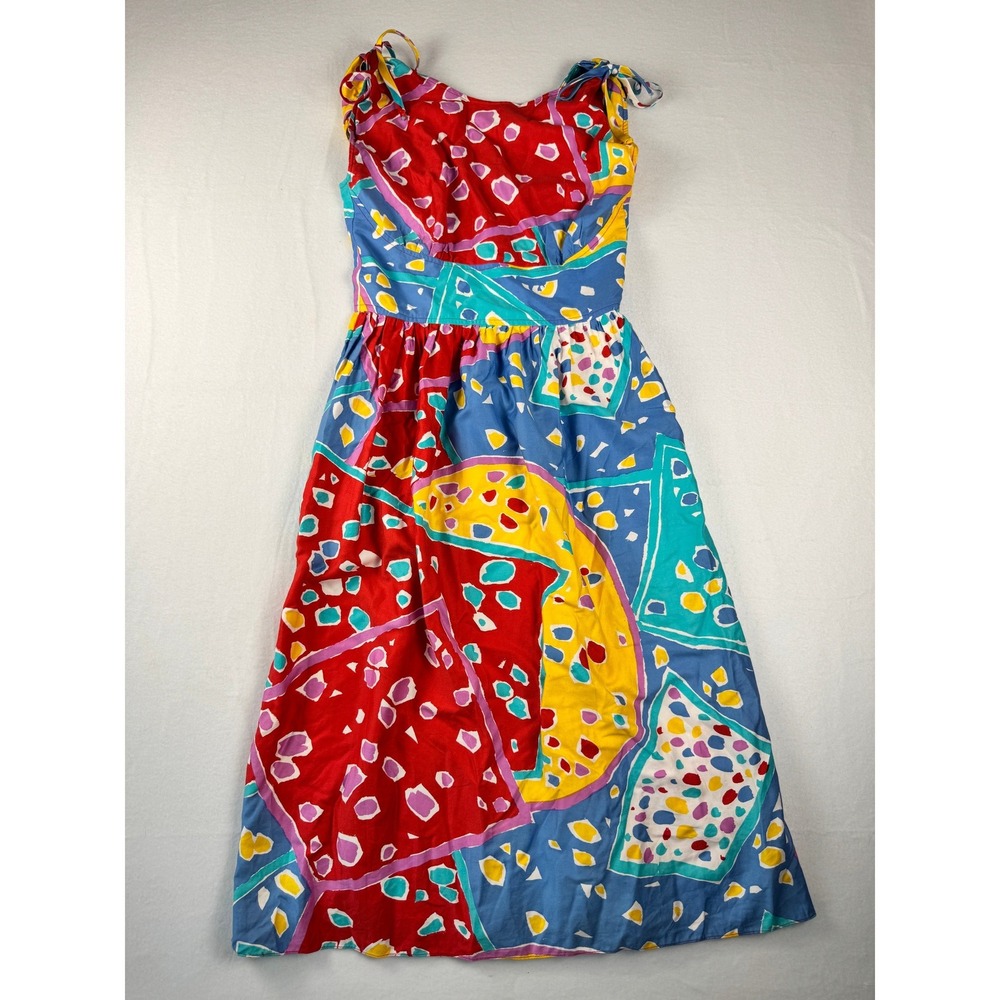 Vintage 80's Jackie Taub Geometric Print Medium Midi Sun Dress Multicolor